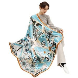 Blue silk scarf with Chinese traditional architecture patterns and orange borders for women