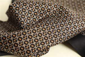 Macro view showing the detailed retro geometric floral pattern and silk fabric texture