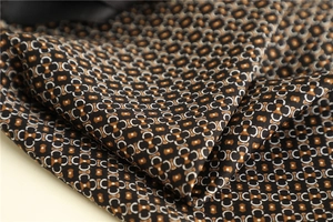 Macro shot of silk scarf fabric showing geometric floral patterns and smooth texture