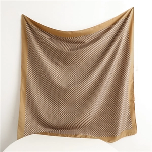 Elegant vintage geometric print square silk scarf with champagne gold satin border drape