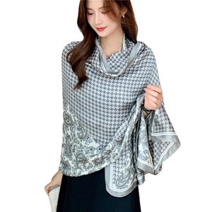 Long houndstooth and paisley print silk-like shawl wrap for women in elegant grey tones