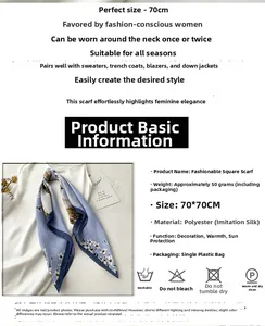Detailed size chart for 70x70cm floral silk-feel scarf with material specs and care guide