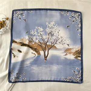 Elegant Bird And Floral Print Square Scarf For Women Faux Satin Satin Lightweight Small Neckerchief Shawl Wrap Accessory
