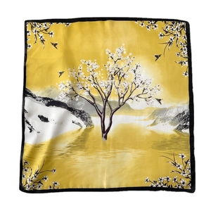 Elegant floral and bird pattern square silk scarf in golden yellow with black borders