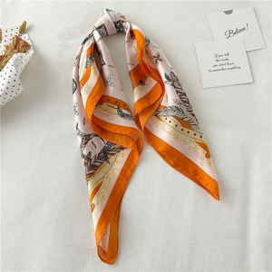 Elegant 70x70cm orange silk scarf with feather floral patterns for autumn neck decoration