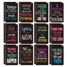 Detailed grid view of 12 mini notebooks featuring colorful inspirational quotes on black covers