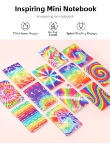 Detail showing 12 mini tie-dye notebooks with sturdy saddle-stitch binding for durability