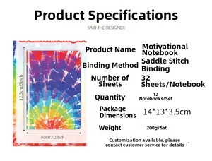 Detailed size specifications for the 12-pack tie-dye mini journals set