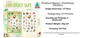 Tableau des tailles pour 6 feuilles d'autocollants de Noël avec dimensions détaillées