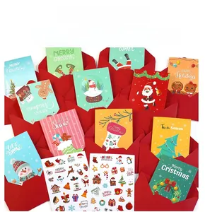 Detailed Christmas card set with red envelopes, festive stickers, and diverse holiday designs