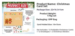 Detailed Christmas card set showing 12 folded cards with envelopes and festive stickers