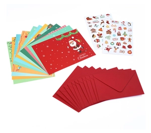 Christmas card set featuring envelopes, stickers, and colorful festive tree patterns