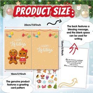 Christmas greeting card set with gingerbread man design, stickers and size dimensions