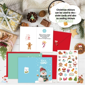 Christmas card set with snowman card, red envelope and festive stickers on a rustic background