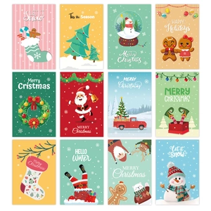 Set of 12 colorful Christmas cards featuring Santa, snowmen and reindeer illustrations