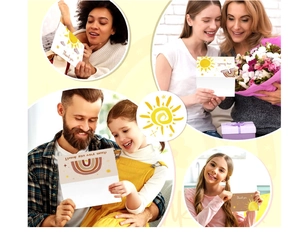 Detail of bohemian thank you cards featuring warm sun and rainbow illustrations