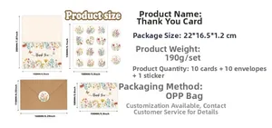 Detailed size chart for floral thank you cards showing envelopes and stickers dimensions