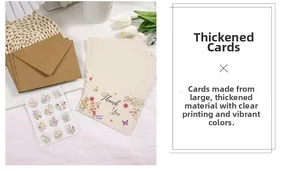 Detailed view of floral thank you card set with kraft envelope and botanical stickers