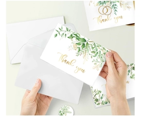 Detailed close-up of a botanical Thank You card with eucalyptus and matching envelope