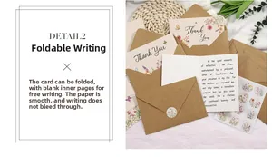 Detail of floral thank you card set with kraft envelope and round botanical sticker