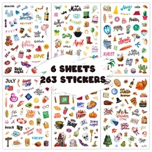Detail of 6-sheet watercolor laser sticker set featuring 263 cute animal and monthly motifs