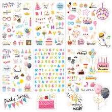 Detail of glitter birthday party stickers with colorful alphabet letters and party icons