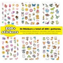 Detailed view of 12 sheets of colorful laser cartoon stickers with 200+ animal motifs