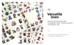 Close-up of cute cartoon animal stickers with glitter finish for scrapbooking