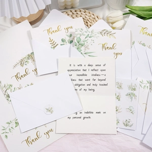 Eucalyptus thank you cards set with gold foil lettering, white envelopes and stickers