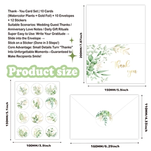 Eucalyptus watercolor thank you cards set with gold foil accents and envelopes