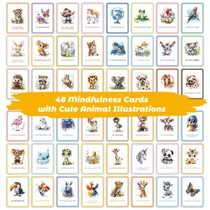 Detail of 48 watercolor animal mindfulness cards with German affirmations for kids