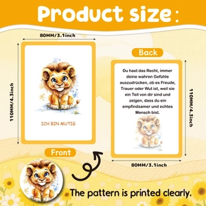 Watercolor animal affirmation cards for kids featuring a brave lion and German text