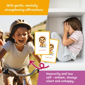 Watercolor motivational cards for kids showing a lion with I am brave German text
