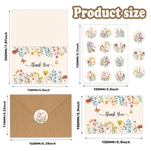 Size guide for floral thank you card set with envelopes and watercolor stickers