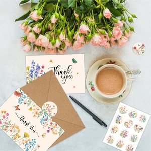 Floral watercolor thank you card set with kraft envelopes and flower seal stickers