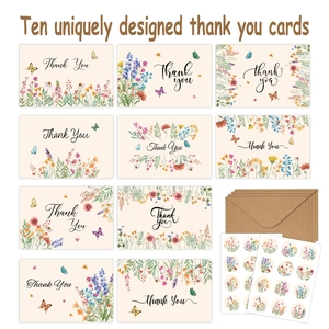 Set of 10 watercolor floral thank you cards with kraft envelopes and flower seal stickers