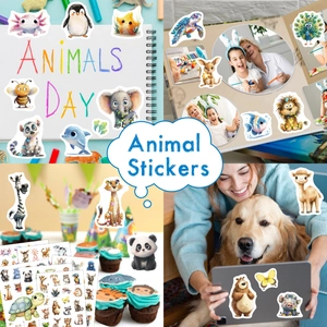 Watercolour animal stickers set with laser glitter for water bottles and kids DIY crafts