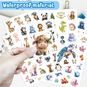 Waterproof holographic laser cartoon animal stickers set featuring vibrant watercolor designs