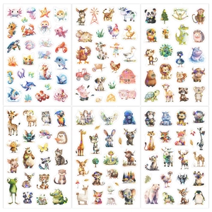 6 sheets of watercolor animal stickers for kids featuring glitter laser decorative elements