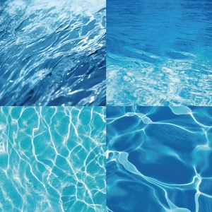 Detailed grid of four blue ocean wave patterns for scrapbook and collage paper