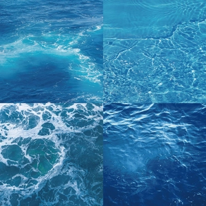 Detailed views of four distinct blue ocean wave patterns for scrapbook paper collage