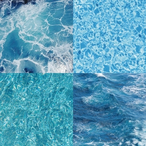 Detail of four ocean wave textures featuring foam, clear pool water, and deep blue ripples