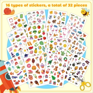 32-sheet set of colorful kids' cartoon stickers featuring 16 fun animal and food themes