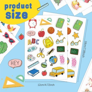 Cartoon school life stickers for kids featuring unicorn and DIY stationery on blue background