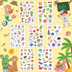 Detailed view of 8 sheets of colorful children's cartoon stickers with unicorn themes