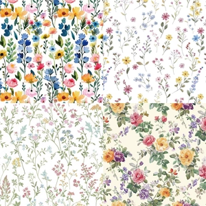 Detail van vier bloempatronen met aquarel madeliefjes en vintage rozen voor scrapbooking