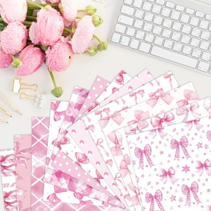 24-piece pink bow scrapbooking paper set with patterns of stars and checks for DIY crafts