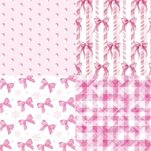 Detail of four pink watercolor patterns featuring bows, stripes, and checkered designs
