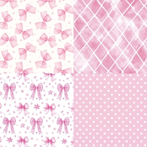 Detail of four pink decorative paper patterns with bows, stars, and polka dots for scrapbooks