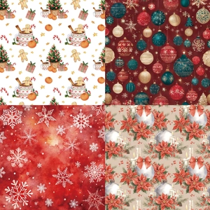 Macro display of four festive Christmas scrapbook papers with gingerbread and floral patterns